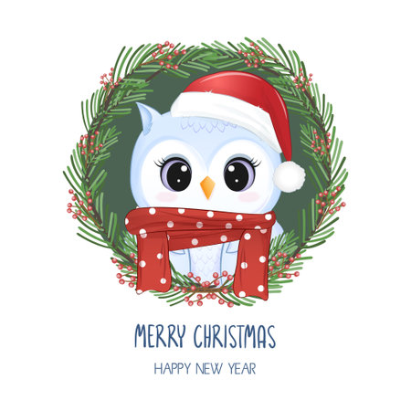 Cute Owl and Christmas wreath. Christmas and New Year illustrationのイラスト素材