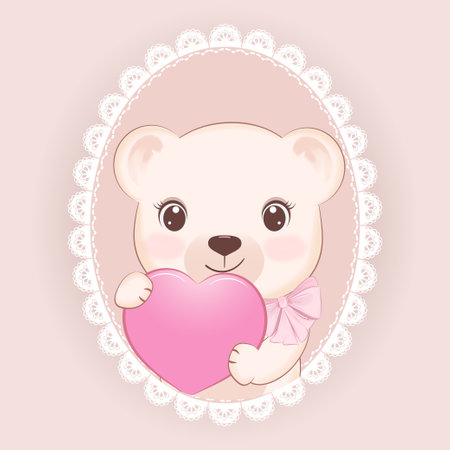 Cute Teddy Bear and heart in oval lace frame, valentine's day concept illustrationのイラスト素材
