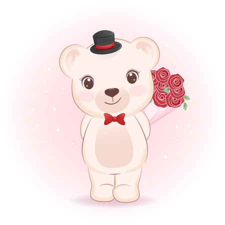 Cute Little Bear and rose bouquet, Valentine's day concept illustrationのイラスト素材