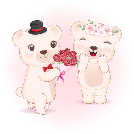 Cute Couple Bear and rose bouquet, Valentine's day concept illustrationのイラスト素材