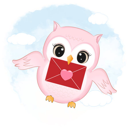 Cute Owl and letter valentine's day concept illustrationのイラスト素材