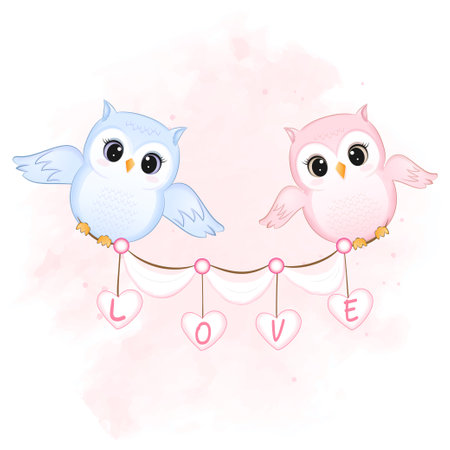 Cute Couple Owl and heart valentine's day concept illustrationのイラスト素材
