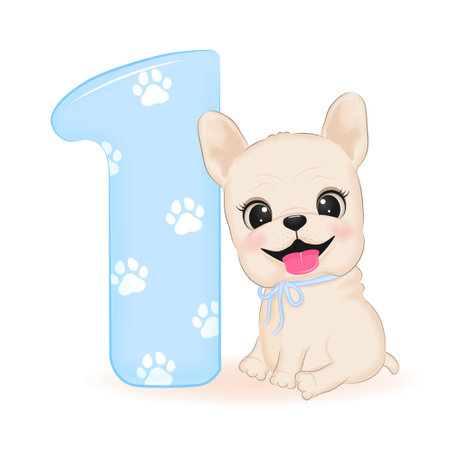 Cute French Bulldog and number 1 illustrationのイラスト素材