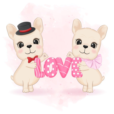 Cute Couple French Bulldog valentine's day concept illustrationのイラスト素材