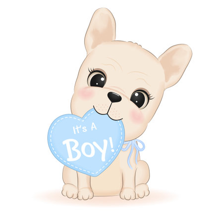 Cute French Bulldog and blue heart illustrationのイラスト素材