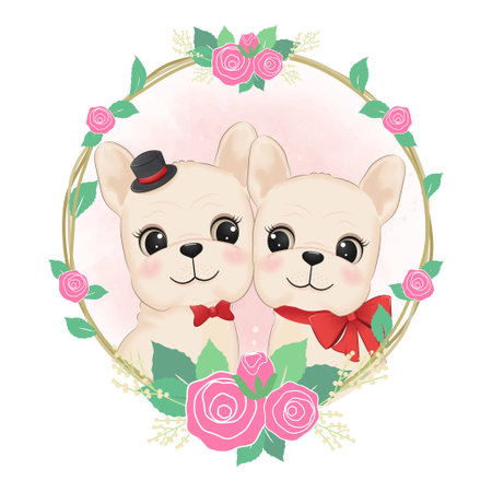 Cute Couple French Bulldog in flower frame valentine's day concept illustrationのイラスト素材