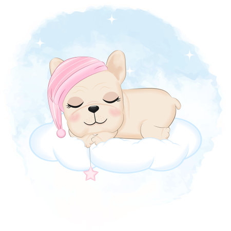 Cute French Bulldog sleeping on the cloud illustrationのイラスト素材