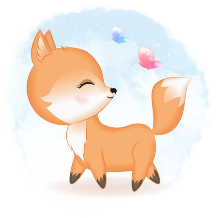 Cute fox and butterfly hand drawn cartoon illustration watercolor backgroundのイラスト素材