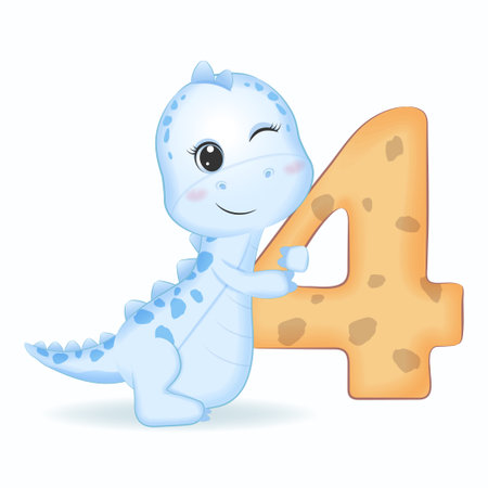 Cute Blue Dinosaur with number 4, cartoon illustrationのイラスト素材
