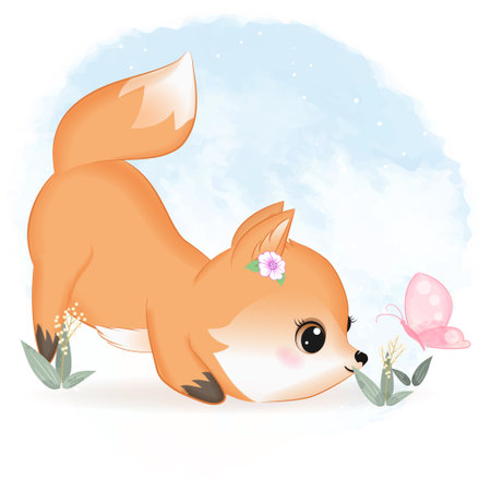 Cute fox and butterfly hand drawn cartoon illustration watercolor backgroundのイラスト素材