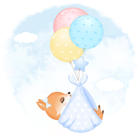 Cute Baby Fox with balloon newborn cartoon illustrationのイラスト素材