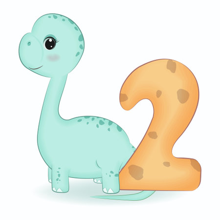 Cute Dinosaur with number 2, cartoon illustrationのイラスト素材