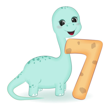 Cute Dinosaur with number 7, cartoon illustrationのイラスト素材