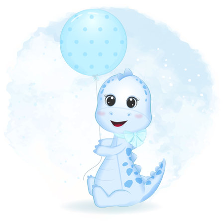 Cute Little Dinosaur with balloon, Primeval animal cartoon illustrationのイラスト素材