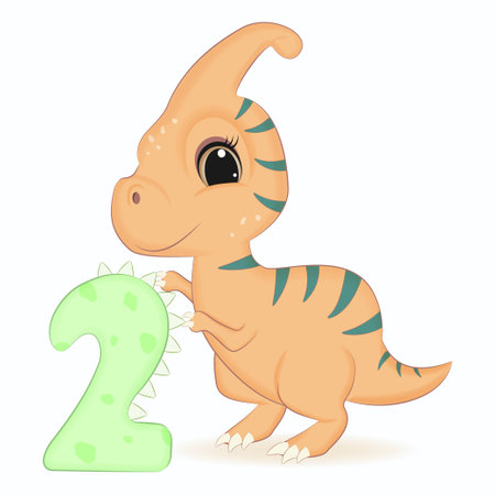 Cute Dinosaur with number 2, Primeval animal cartoon illustrationのイラスト素材