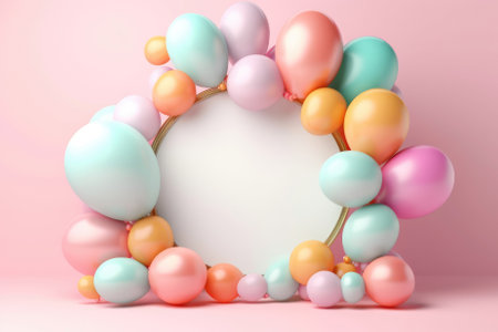 Empty circle frame with balloons pastel colors decorative on blue background, mockup for designの素材