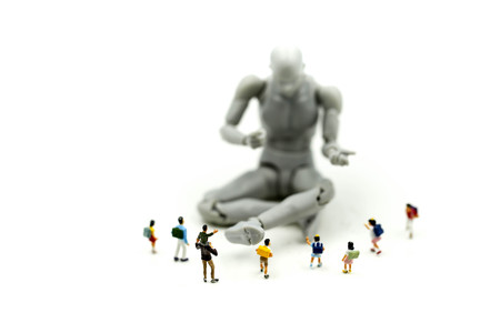 Miniature people : student children with model robot,modern technology concept. Stem education.の写真素材