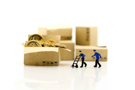 Miniature people: Worker and box with businessman shipping, rent container, business concept.