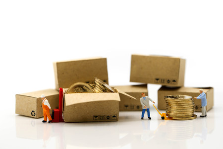 Miniature people: Worker and box with businessman shipping, rent container, business concept.の写真素材