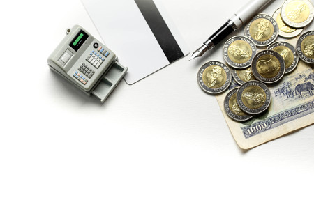 Credit Card ,Calculator with coin ,penl on money banknotes Euro and Dollars,business planning and finance and savings concept.の写真素材