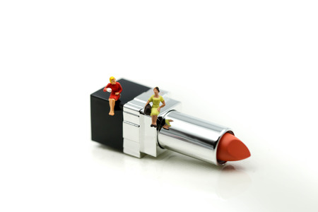 Miniature people : Beautiful lady woman and freinds with Lipstick,Makeup collection.の写真素材