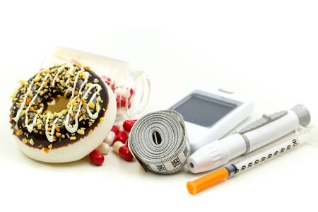 Glucose meter diabetes test and Syringe with measuring tape and drug pill of dessert,Diabetes...