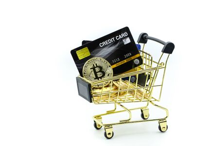 Bitcoins with credit card and money dollars of shopping cart,Online shopping concept.の写真素材