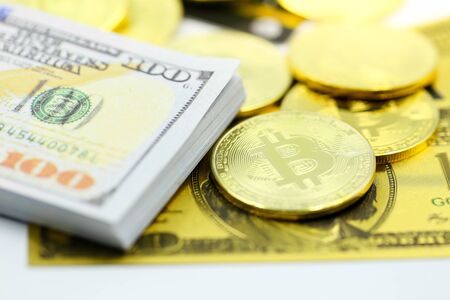 Bitcoins with credit card  of dollar banknote, accepting bitcoin for payment, Electronic money exchange concept.の写真素材