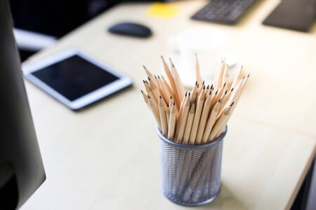Office desk table with pencils top view,selective of focusの写真素材