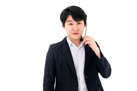 Asia call center workers or Confident business  with headset,Customer support standing on white background.の写真素材