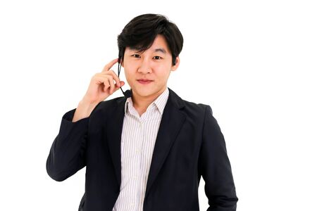 Asia call center workers or Confident business  with headset,Customer support standing on white background.の写真素材
