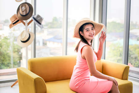 Asian woman beauty blogger or vlogger review ,designer shopping online with hand holding credit card show,Concept Promotion and Sale.の写真素材