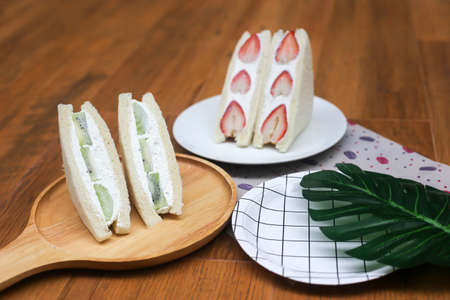 Strawberry and kiwi cream sandwich,Japanese style sweet sandwiches.の写真素材