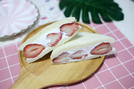 Strawberry and kiwi cream sandwich,Japanese style sweet sandwiches.の写真素材