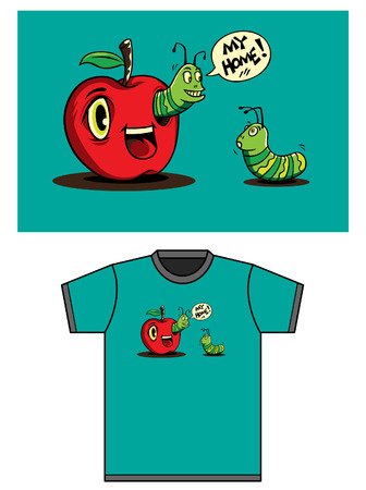 t-shirt design worm in appleのイラスト素材