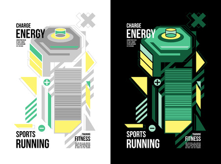T-shirt design sports running fitness wear with charge energy battery on black and white backgroundのイラスト素材