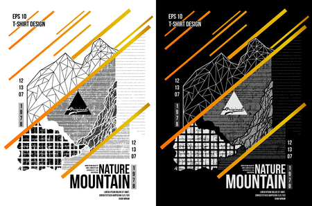 Vector mountain T-shirt design with triangle and texture line geometric style  on white and black backgroundのイラスト素材