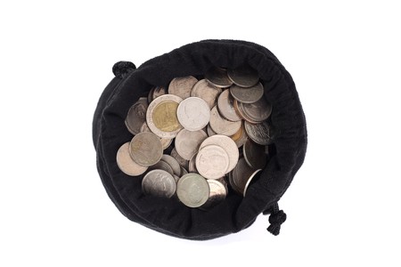 Thai Baht Coins in Black Sackの写真素材