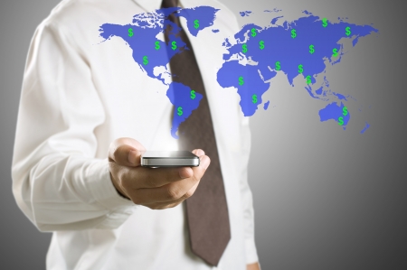 Business man checking income money in dollar sign by using smart phoneの写真素材