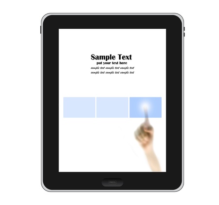Hands pointing to tablet PC with blue touch screen button isolated on white backgroundの写真素材