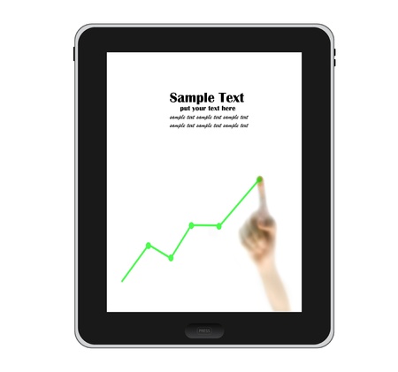 Hands pointing to tablet PC with chart on screen isolated on white backgroundの写真素材