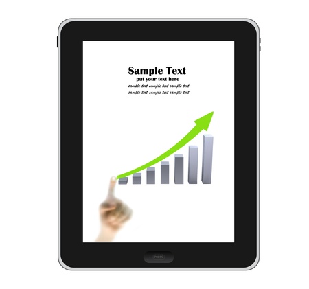 Hands pointing to tablet PC with growth graph on screen isolated on white backgroundの写真素材