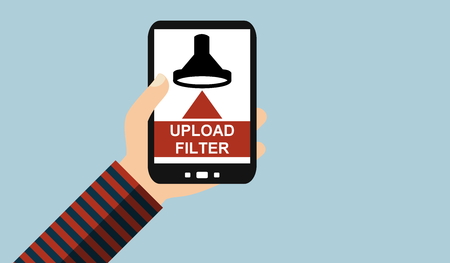 Hand holding Smartphone: Upload Filter - Flat Designの写真素材