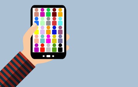 Hand holding Smartphone: Many colorful people icons - Flat Designの写真素材