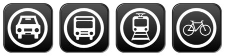 Set of 4 mobility buttons: Car Bus Train Bikeの写真素材