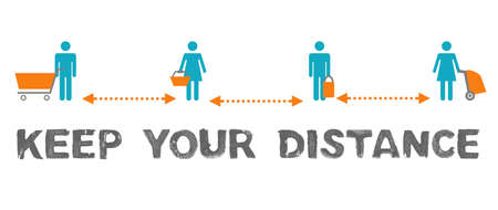 Banner turquoise orange showing: Waiting line in supermarket - Keep your distance