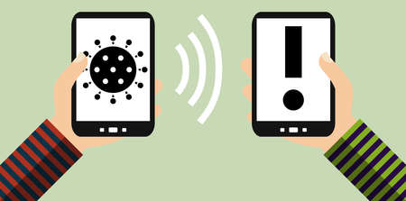 User of Coronavirus App gets warning info on smartphone when contacting infected personの写真素材