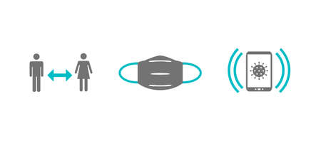 Banner blue gray showing tips for Coronavirus protection: Keep your distance to other people, wear a Face Mask and use the Appの写真素材