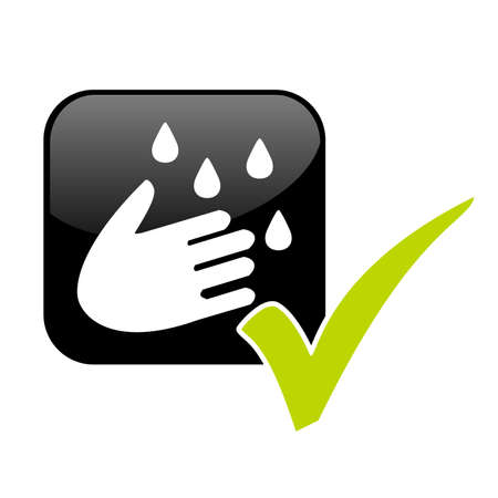 Shiny black button with hand washing symbol and green checkの写真素材
