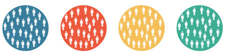 4 colorful buttons blue, red, orange and green showing: Crowd or many people